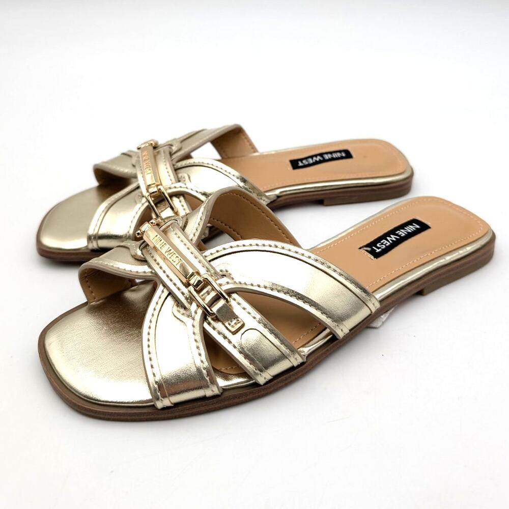 Nine West Gabie Slide Sandals Open Square Toe Women's Gold Size US6M EU36.5